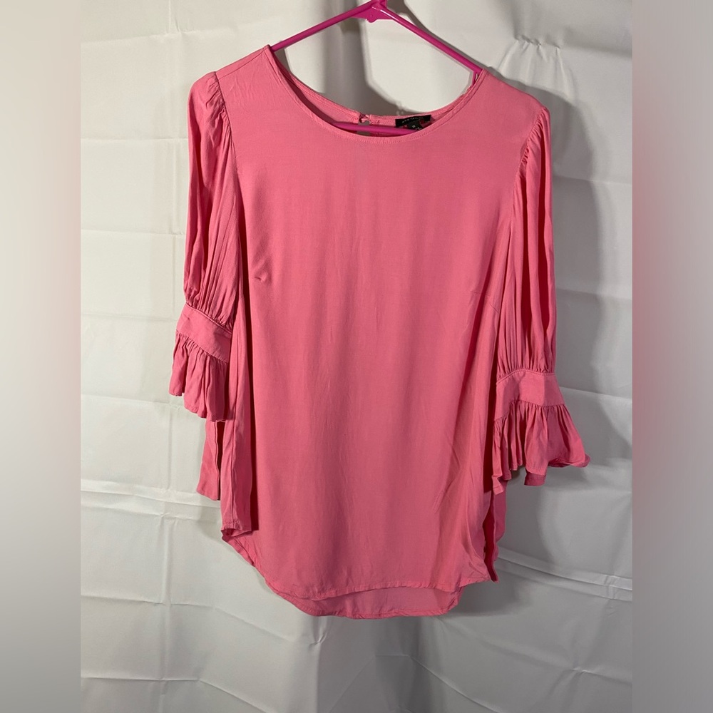 Ann Taylor- Pink Top w/ Ruffle Tie poof Sleeves